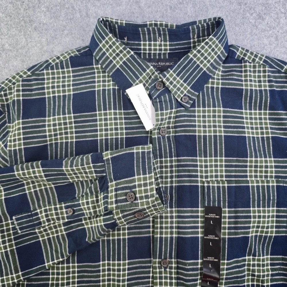 Banana Republic Shirt‎ Mens Large Untucked Fit NWT Blue Green Plaid Long Sleeve